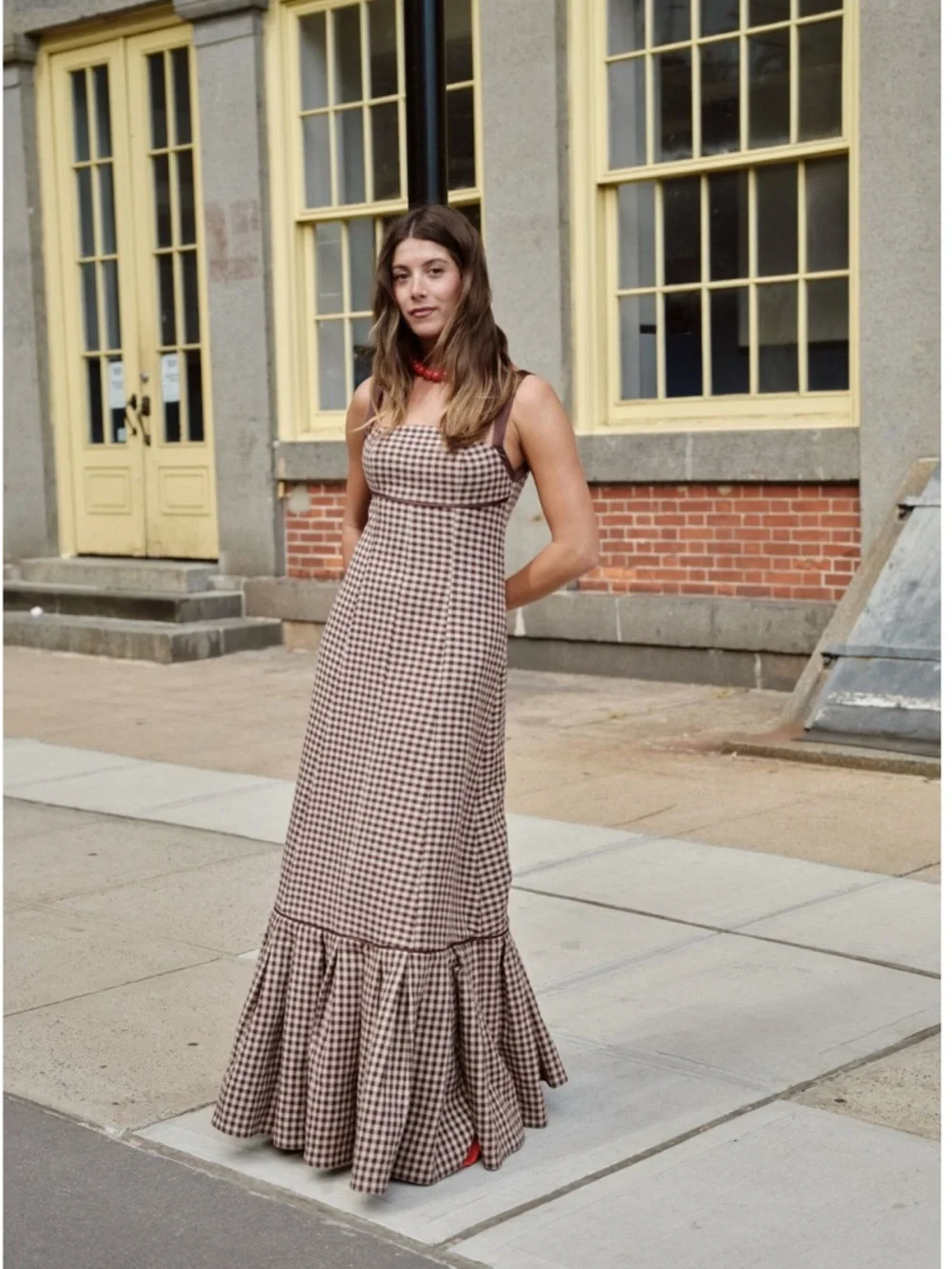 Couper Margaret Gingham Tie-Back Gown XL NWT 100% Cotton Brown Check Dress - Picture 1 of 3